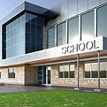 Modern school building with SCHOOL sign