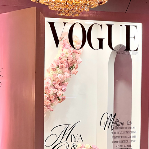 Luxury wedding display fully customized magazine cover by Bubbles Luxury Events Rentals, featuring a 'Black Love Edition' cover backdrop inspired by The Johnsons. The couple, Mariah & Steven, stand elegantly in wedding attire, with the groom kissing the bride's forehead. The backdrop highlights the 'Forever Issue' theme, perfect for a high-end wedding event. The venue is listed as the Museum of Arts & Sciences in Daytona Beach, FL, The design combines sophistication and romance, ideal for couples seeking luxurious event rentals."
