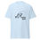 Thumbnail: Light blue t-shirt with a black line art graphic of a bass fish jumping to catch a fishing line, with the text "WIGGLE WORM"