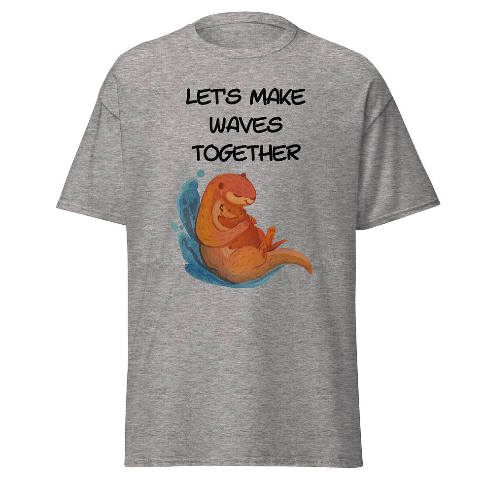 Thumbnail: Sport grey t-shirt with a brown and white graphic of a large sea otter holding a smaller baby otter, with the text "LET'S MAK