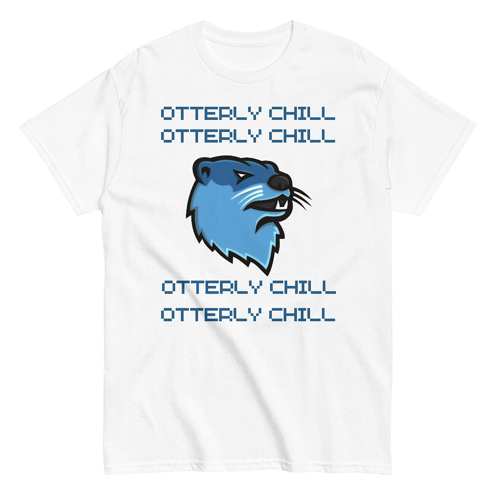 Thumbnail: White t-shirt featuring a light blue otter head graphic and the repeated text "OTTERLY CHILL" above and below it.