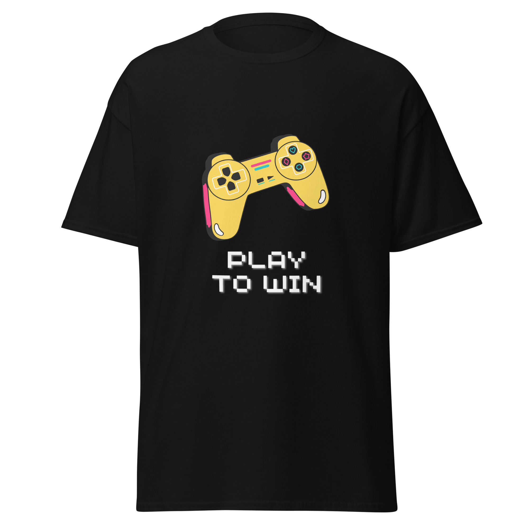Black t-shirt with a yellow and green pixelated video game controller graphic and the white pixel text "PLAY TO WIN" below it
