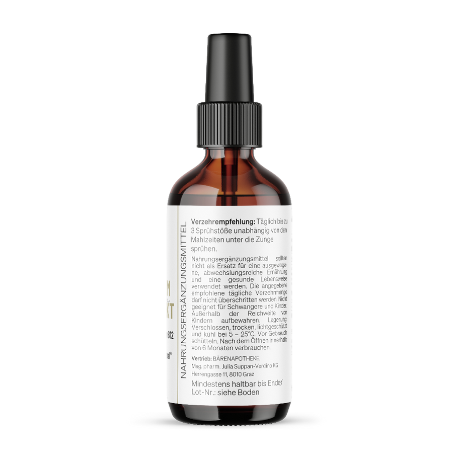 Coenzym Q10 direkt Spray mit Ubiquinol und Vitamin B12 für Energie und Zellstoffwechsel. Rückseite der Flasche