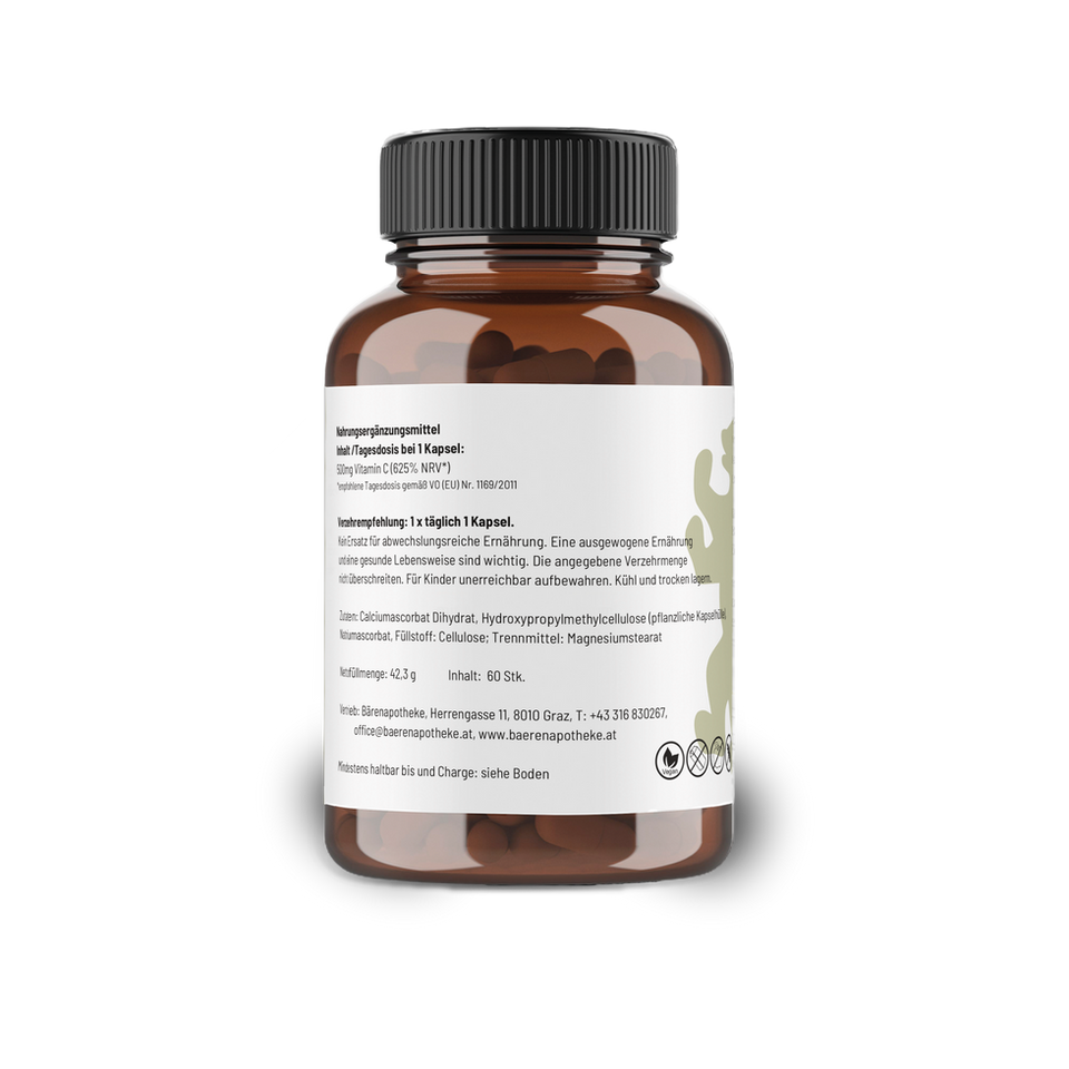 Vitamin C Kapseln sind eine natürliche Quelle für dieses wichtige Vitamin, das das Immunsystem stärkt im Bärenapo Onlineshop.