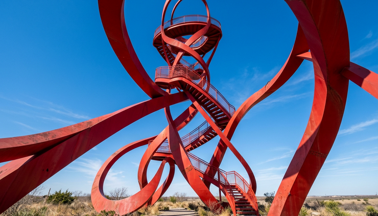 Low-angle view of a sculptural observation tower against a Texas sky