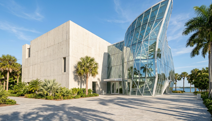 Low-angle view of a glass museum atrium beside a concrete building in Florida sunlight.