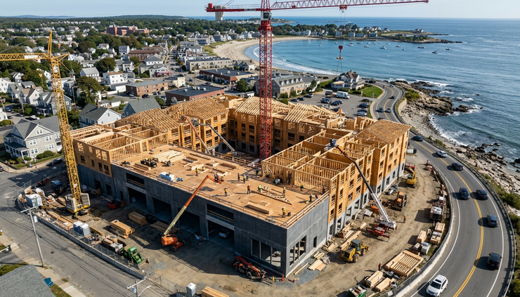 Aerial view of a multifamily construction project near the Massachusetts coast
