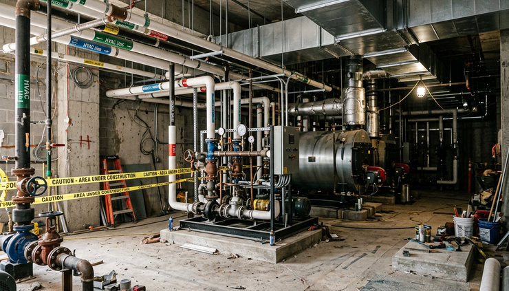 Eye-level view of an unfinished mechanical room with dense overhead piping and equipment pads
