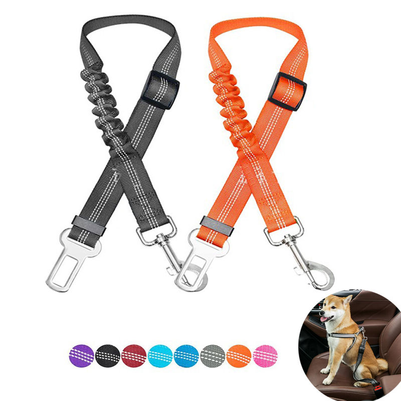 Reflective nylon dog car seat belt with elastic cushion