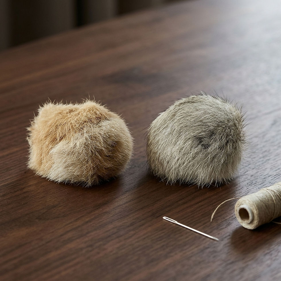 Thumbnail: Two rabbit fur ball interactive cat toys on a wooden table.