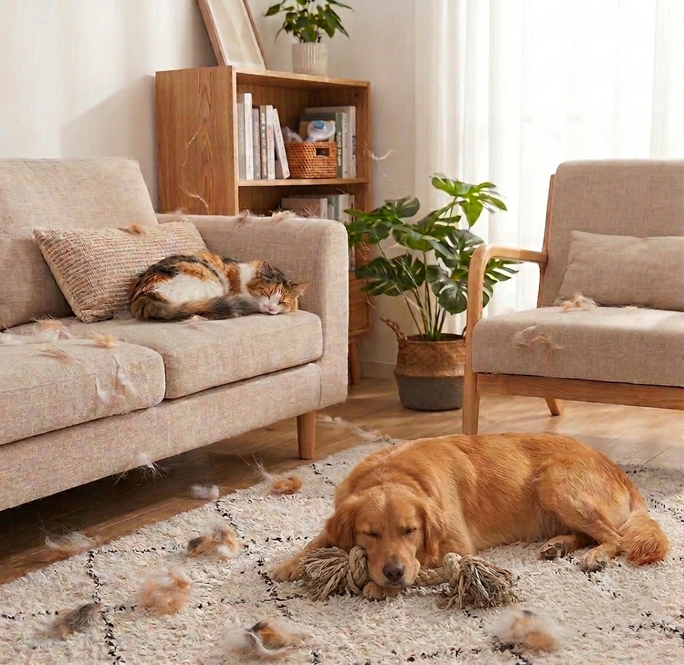 Thumbnail: Loose pet hair on sofa and floor (before grooming)