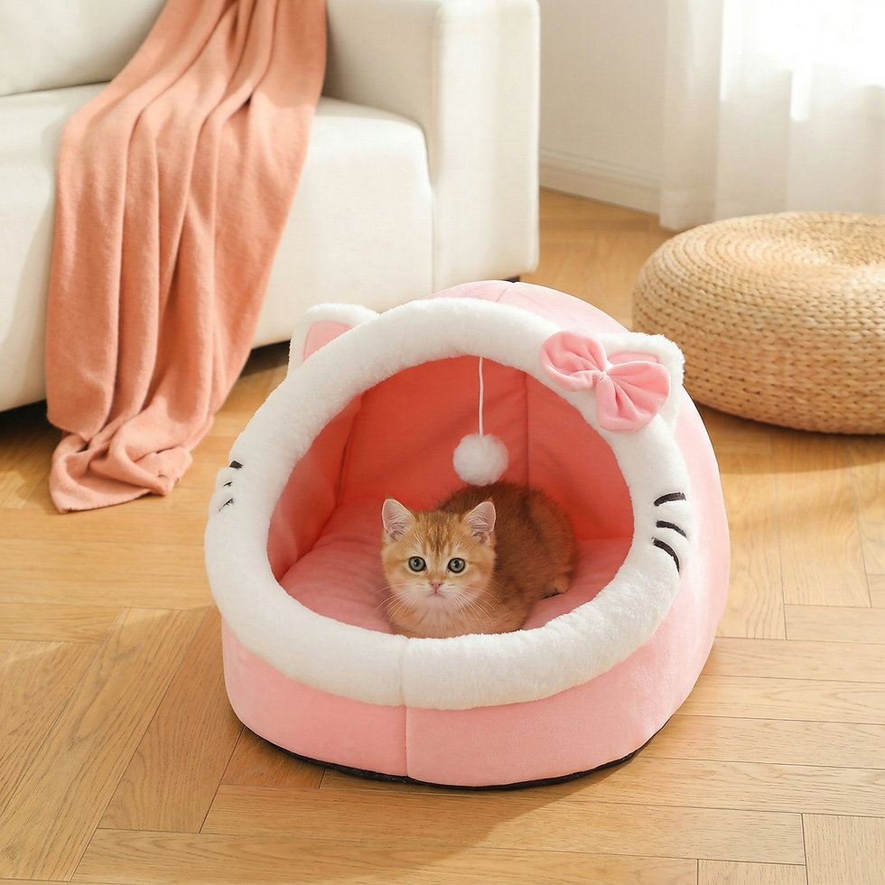 Pink cat house pet bed with kitten inside