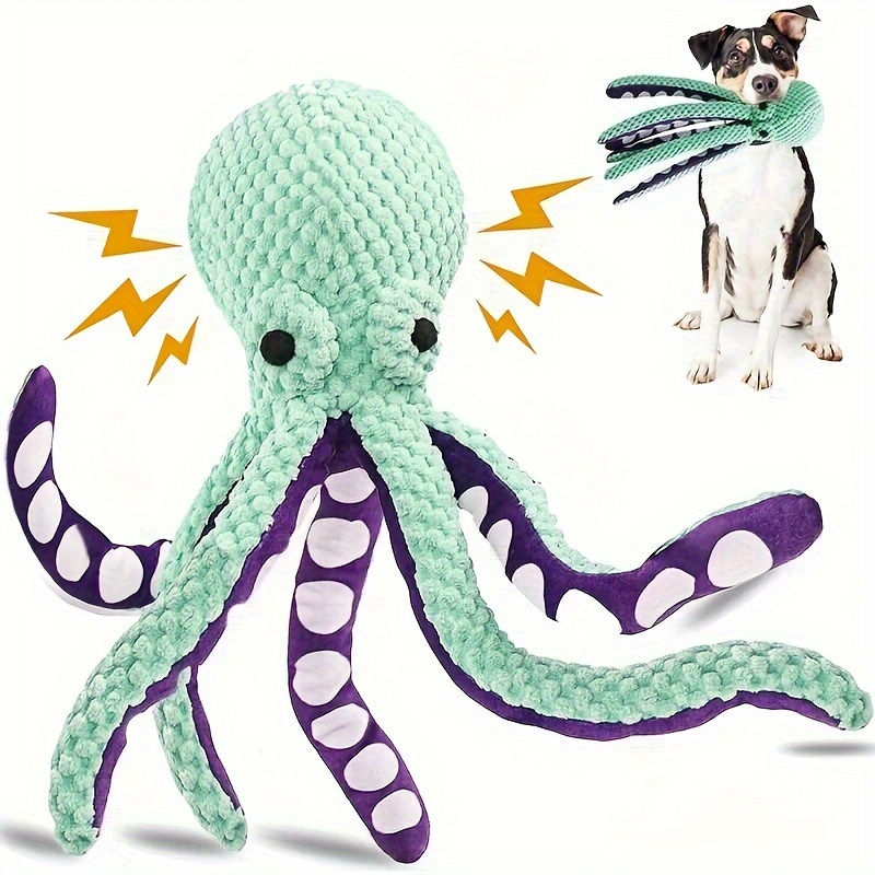 Squeaky octopus dog plush toy with dog chewing it