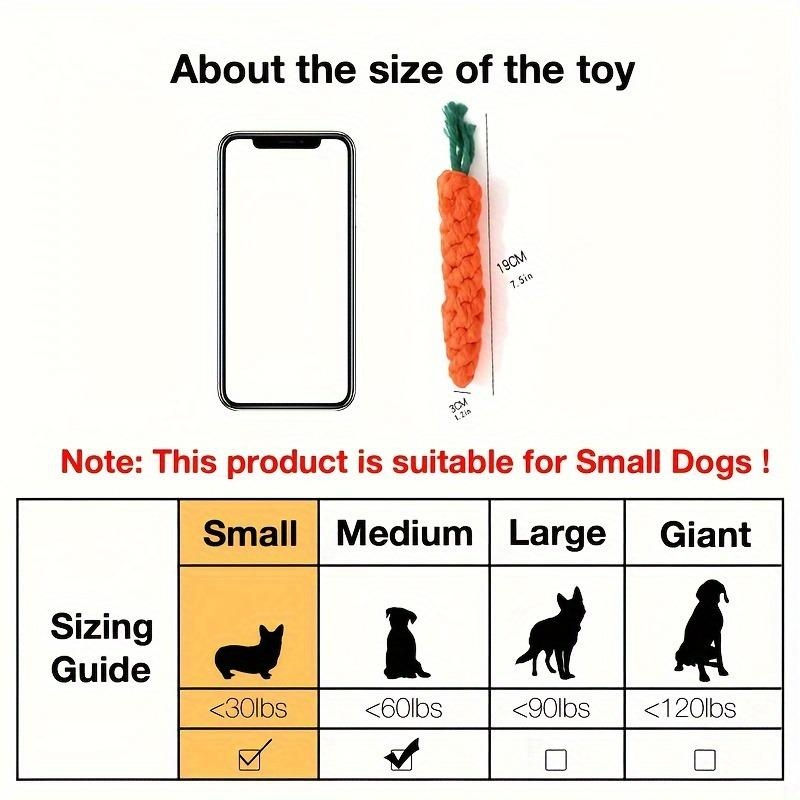 Size guide for carrot dog chew toy, suitable for small dogs.