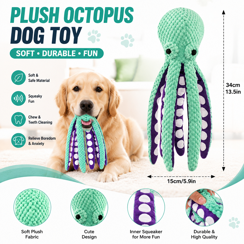 Durable Squeaky Octopus Plush Dog Toy with dimensions and features