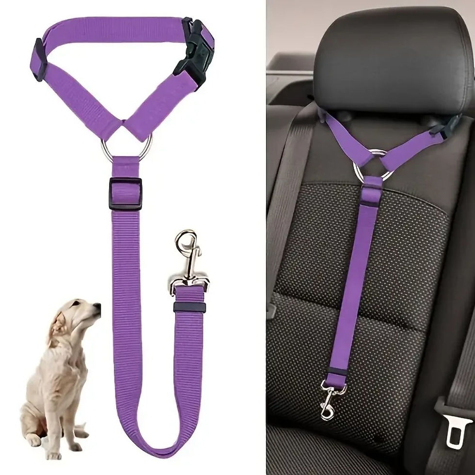 Purple adjustable pet car seat belt on headrest