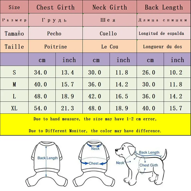 Size chart for warm fleece dog clothes and jackets.