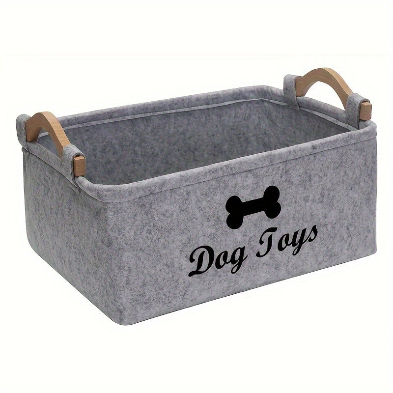 Grey felt dog toy box with wooden handles