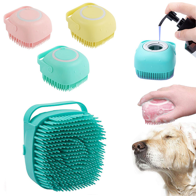 Silicone pet bath massage brushes in multiple colors.