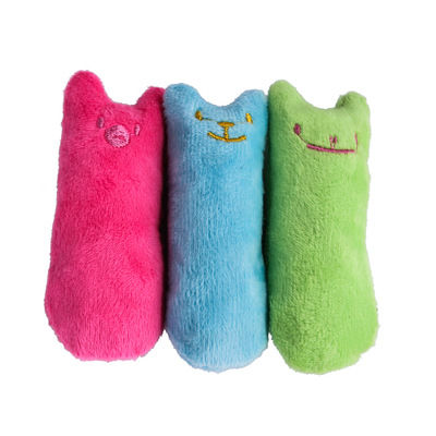 Three plush catnip toys in pink, blue, and green.