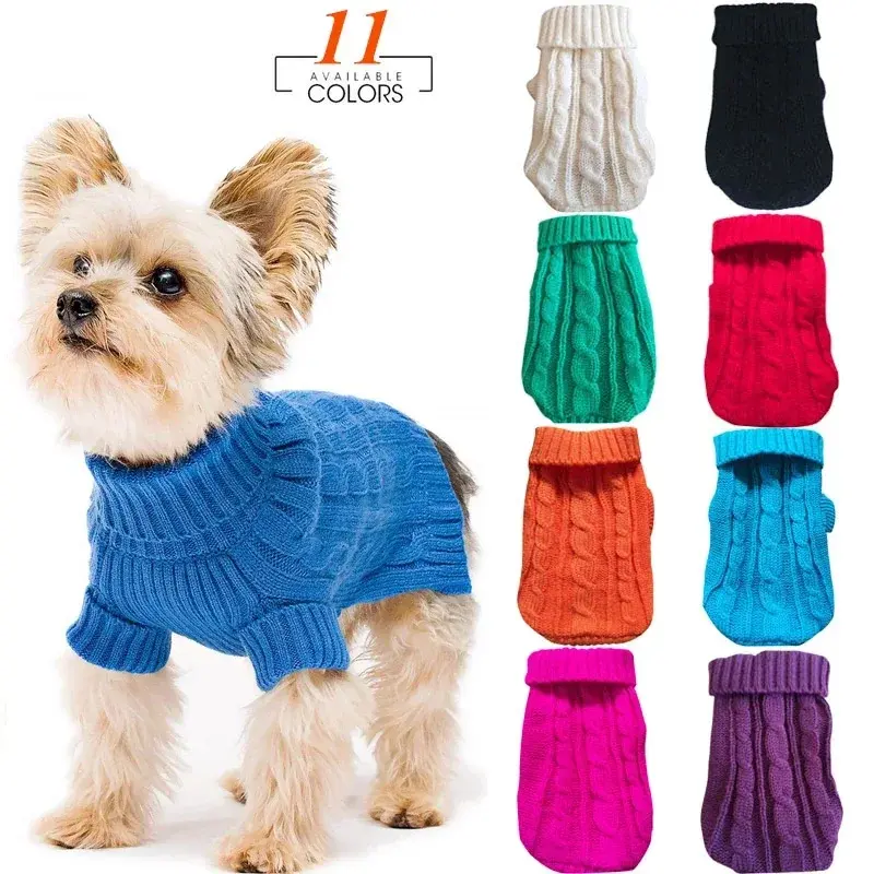 Small dog in blue knitted winter clothes with 11 color options