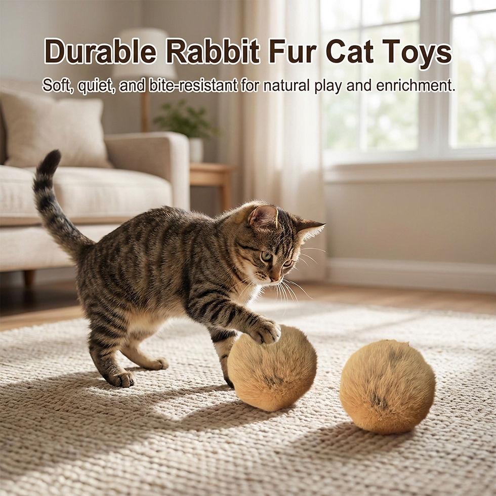 Thumbnail: Tabby cat playing with rabbit fur ball cat toys on a rug.