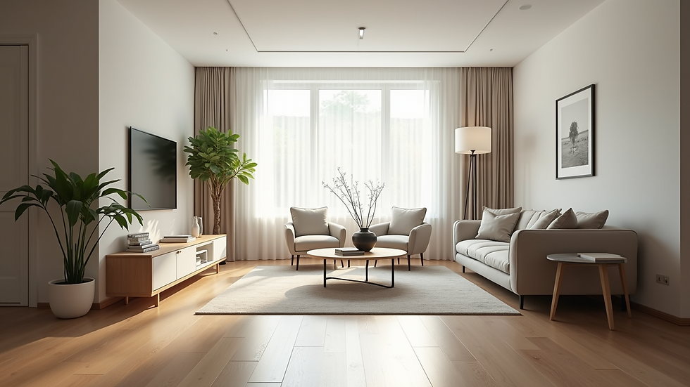Eye-level view of a bright, spacious living room showcasing smart home features
