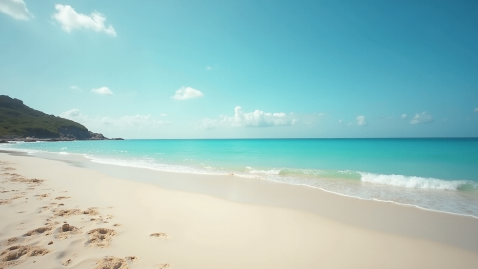 Eye-level view of a serene beach with clear blue water