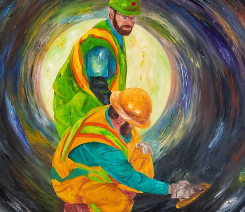 Painting by Christopher Likens: two hard-hatted workers working together inside a circular tunnel.