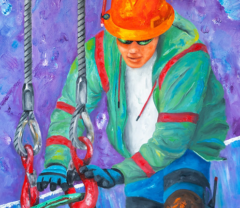 Painting by Christopher Likens: a worker in an orange hard hat and striped shirt leaning over a task.