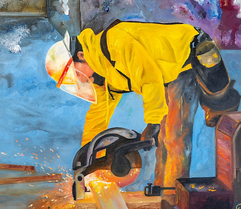 Painting by Christopher Likens: a worker in a yellow shirt operating a circular saw.