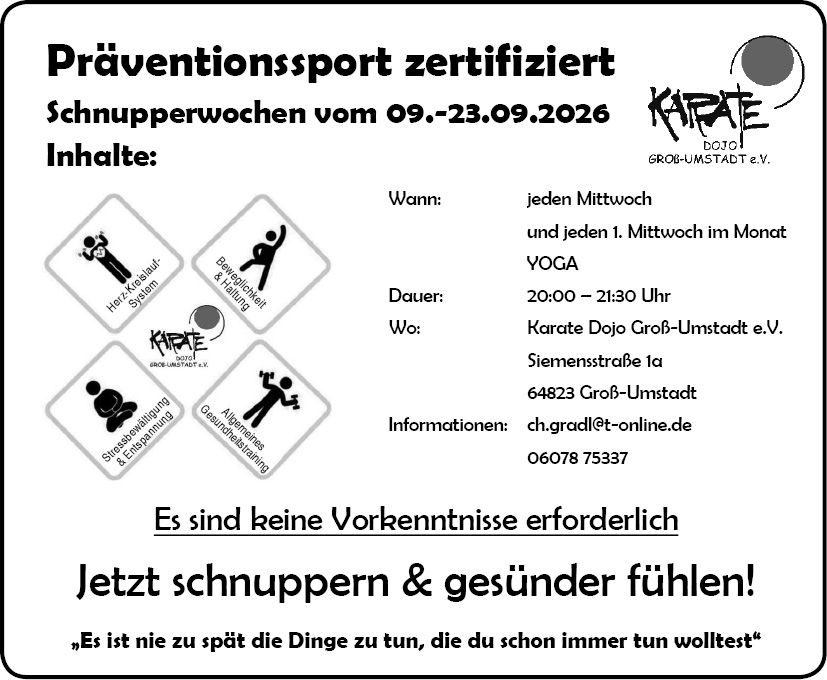 Zertifizierter Präventionssport Schnupperwochen vom 09.–23.09.2026