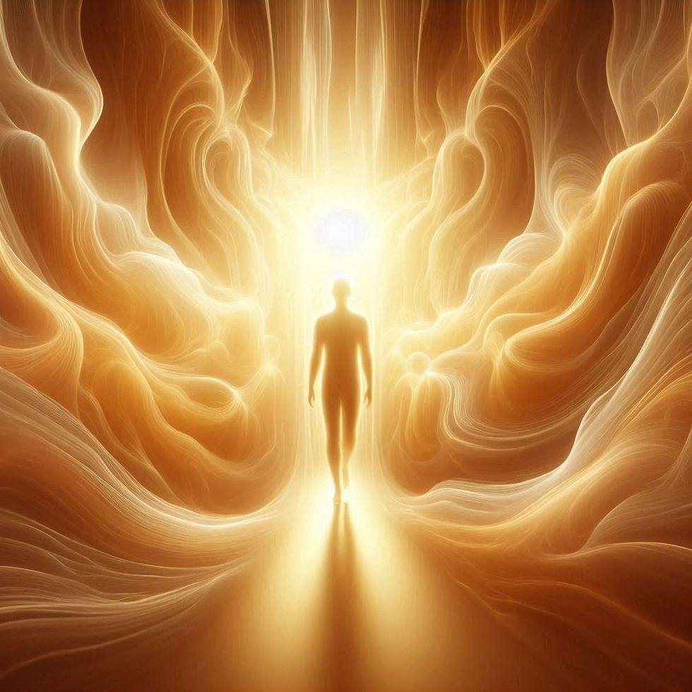 Eine lichtvolle Gestalt tritt aus einem warmen goldenen Hintergrund hervor, umgeben von strahlender Stille.