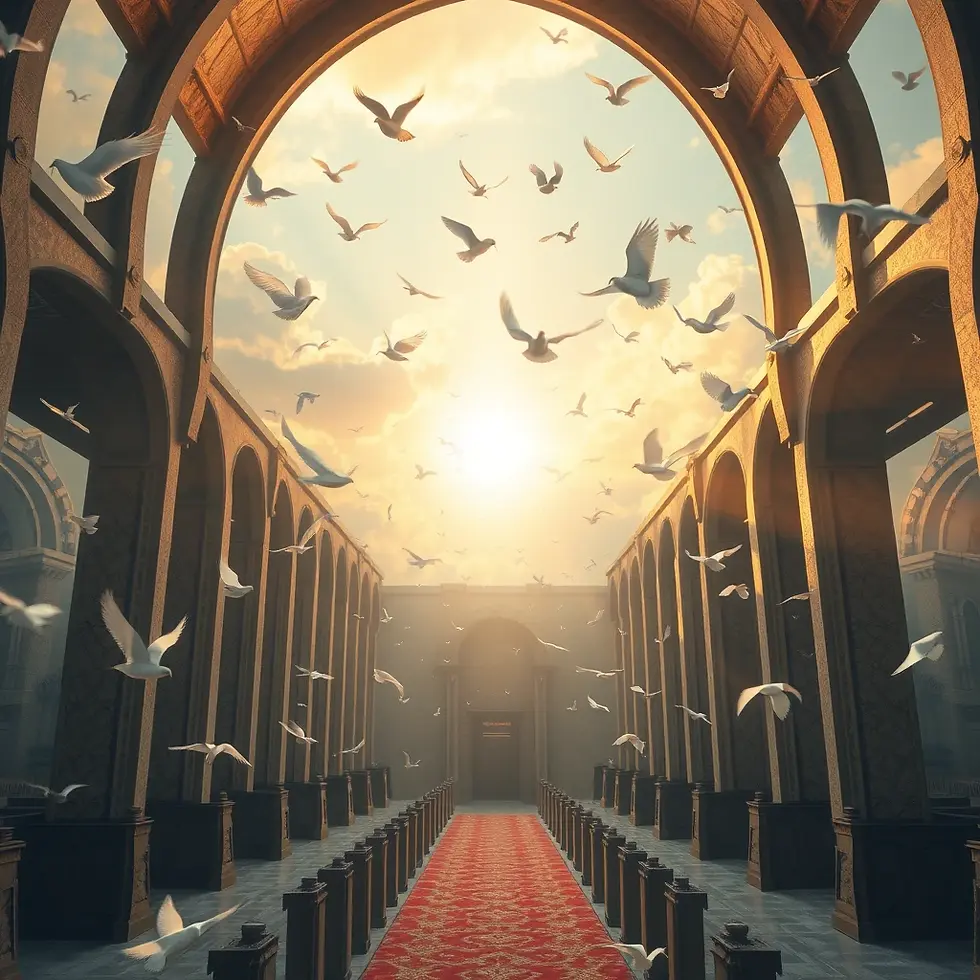 Gedankenvögel aus Papier treiben durch einen goldenen Himmel in einer surrealen Kathedrale des Geistes.