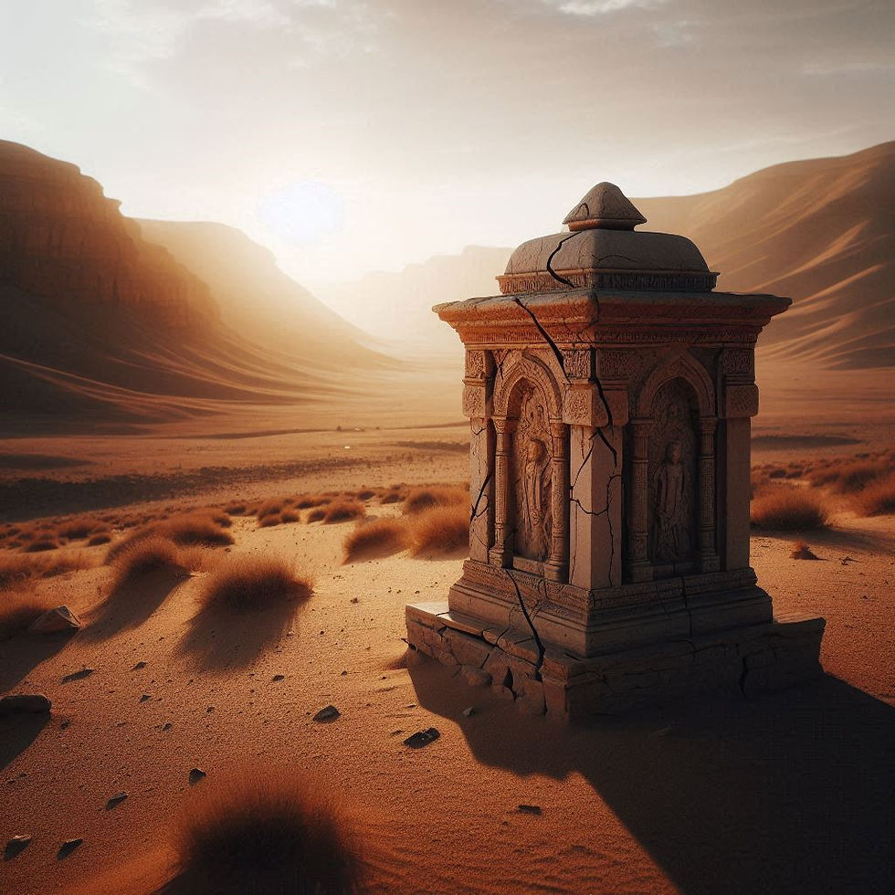 Ein verwitterter Steinschrein steht in einer weiten, windgeformten Wüstenlandschaft im warmen Spätlicht.