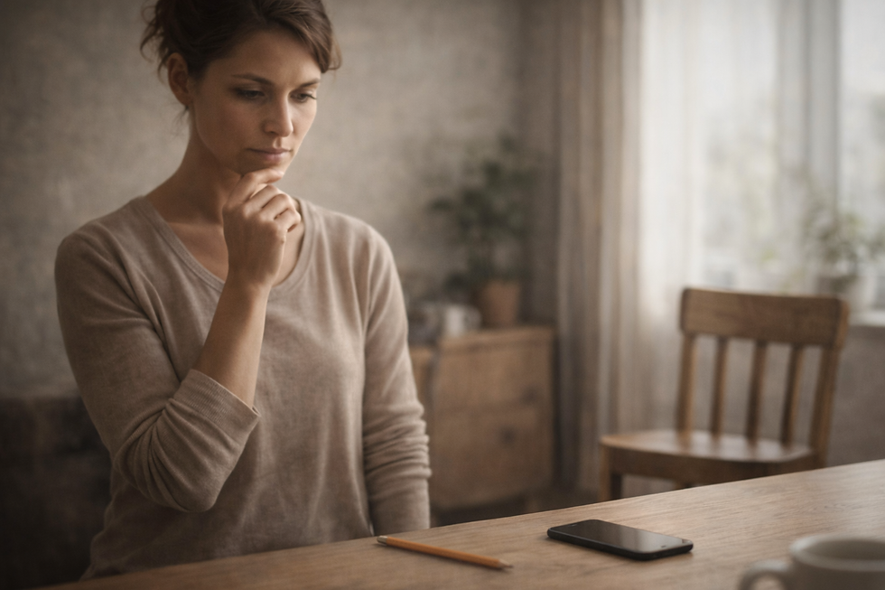 Eine Frau betrachtet alltägliche Gegenstände wie Stuhl, Stift und Telefon in ruhiger, nachdenklicher Haltung.
