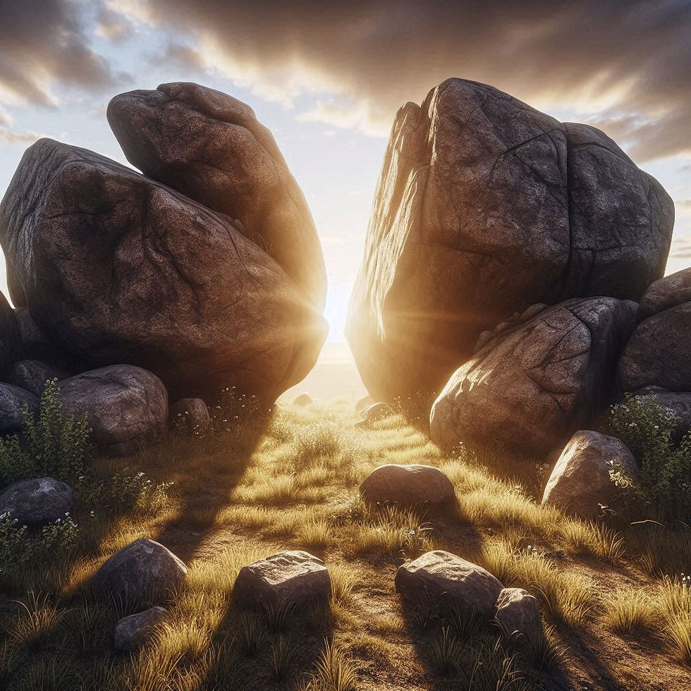 Sonnenlicht fällt auf zwei Felsblöcke und löst die Schatten zwischen ihnen langsam auf.