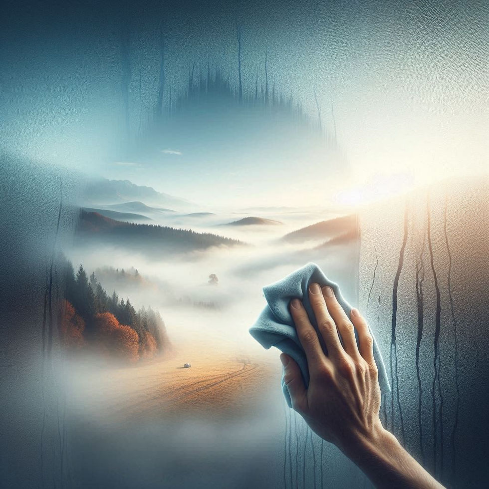 Eine Hand wischt Kondenswasser von einer Glasscheibe und legt eine klare, ruhige Landschaft dahinter frei.