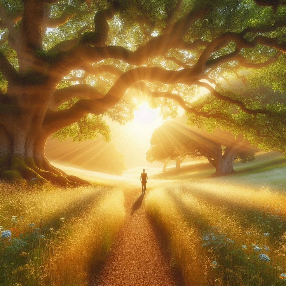 Eine Person steht auf einer weiten, sonnigen Wiese, während Licht durch alte Eichen fällt.