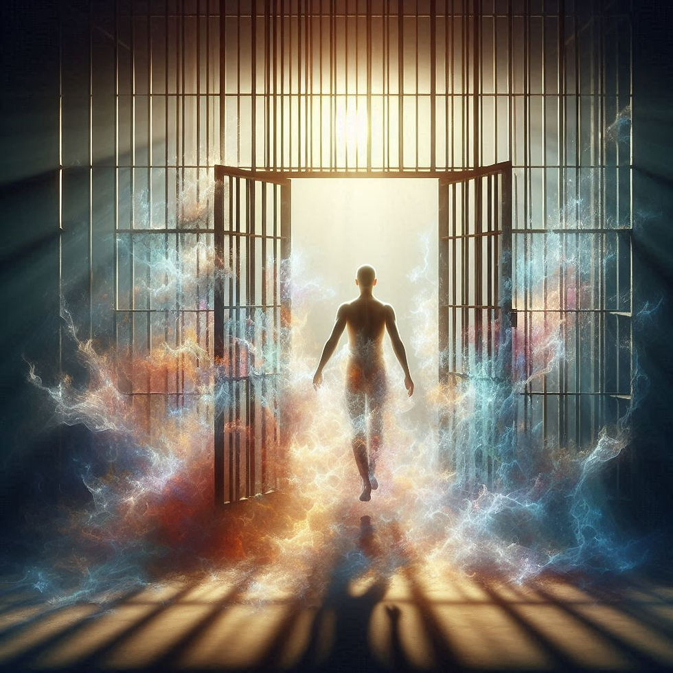 Eine Person verlässt ein sich auflösendes Gefängnis aus Licht und Schatten und tritt in einen offenen, hellen Raum.