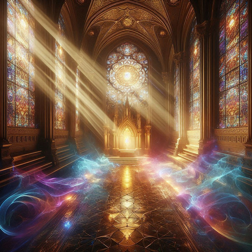 Lichtdurchfluteter Raum mit bunten Glasfenstern; im Zentrum ein leuchtender Altar, prismenartige Strahlen, feiner Staub löst sich wie Illusionen auf.