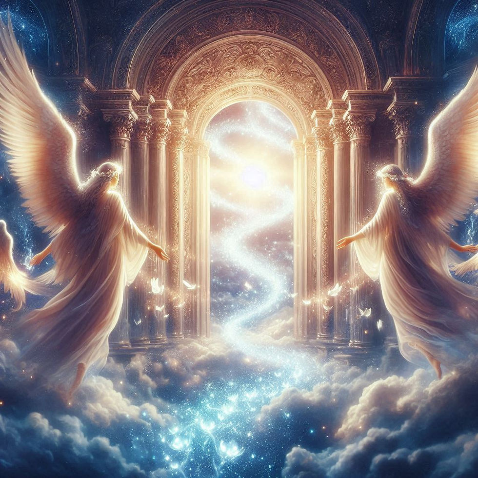 Ein himmlischer Schatzraum voller Licht, von Engeln behütet, mit weit geöffneten Türen.