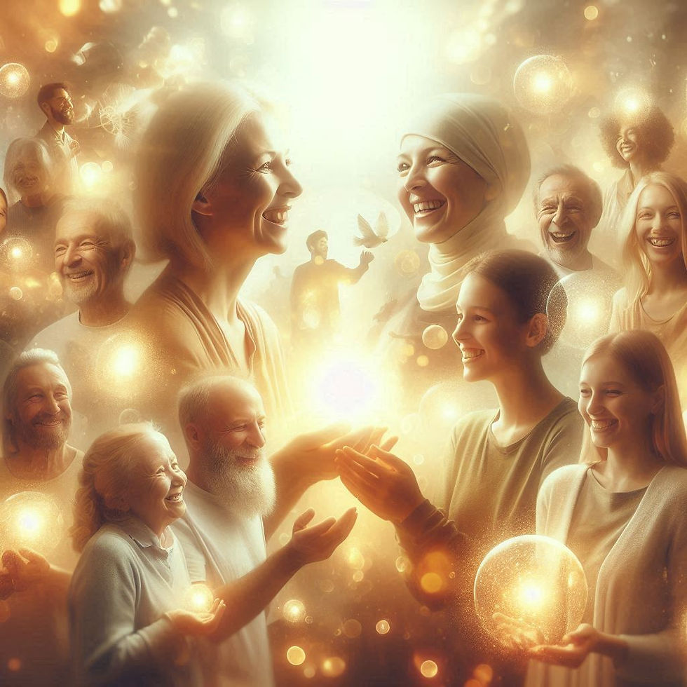 Menschen tauschen in einem leuchtenden Raum Lächeln und Licht aus.