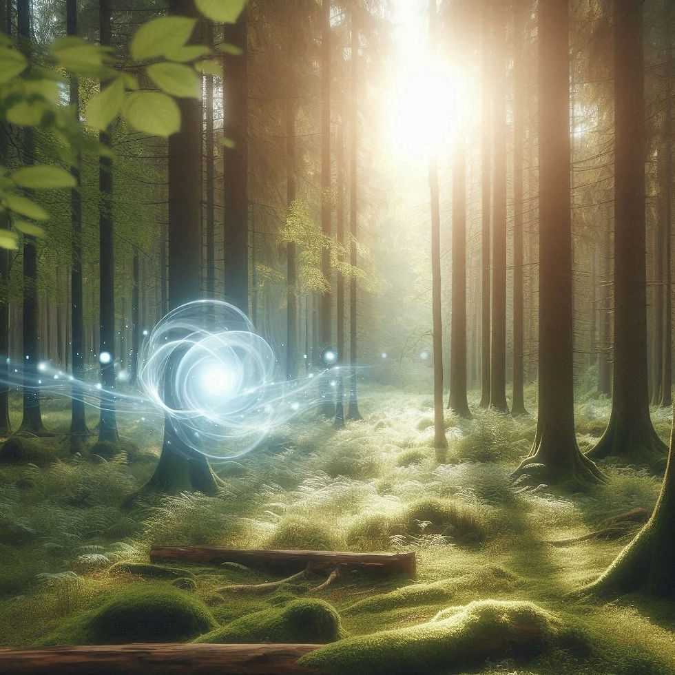 Lichtdurchflutete Waldlichtung mit sanftem Nebel und schwebender Lichtenergie über dem Boden – Sinnbild für geistige Freiheit jenseits des Körpers.