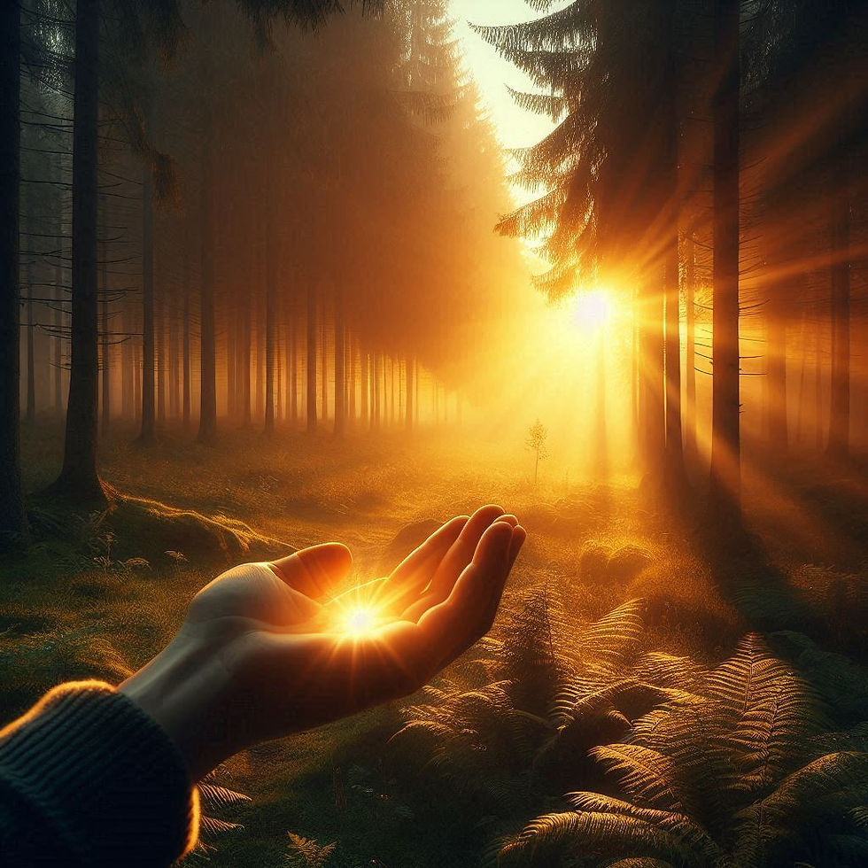 Offene Hand in stiller Waldlichtung bei Sonnenaufgang, leuchtet in goldenem Licht – Symbol für inneres Geschenk und Verbundenheit.