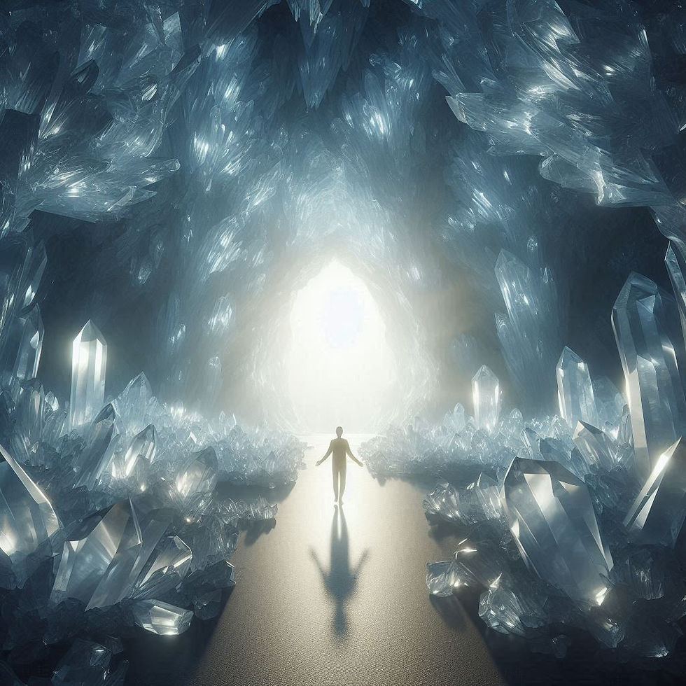 Mensch steht am Eingang einer leuchtenden Kristallhöhle – Sinnbild für inneren Frieden und göttliche Freiheit.