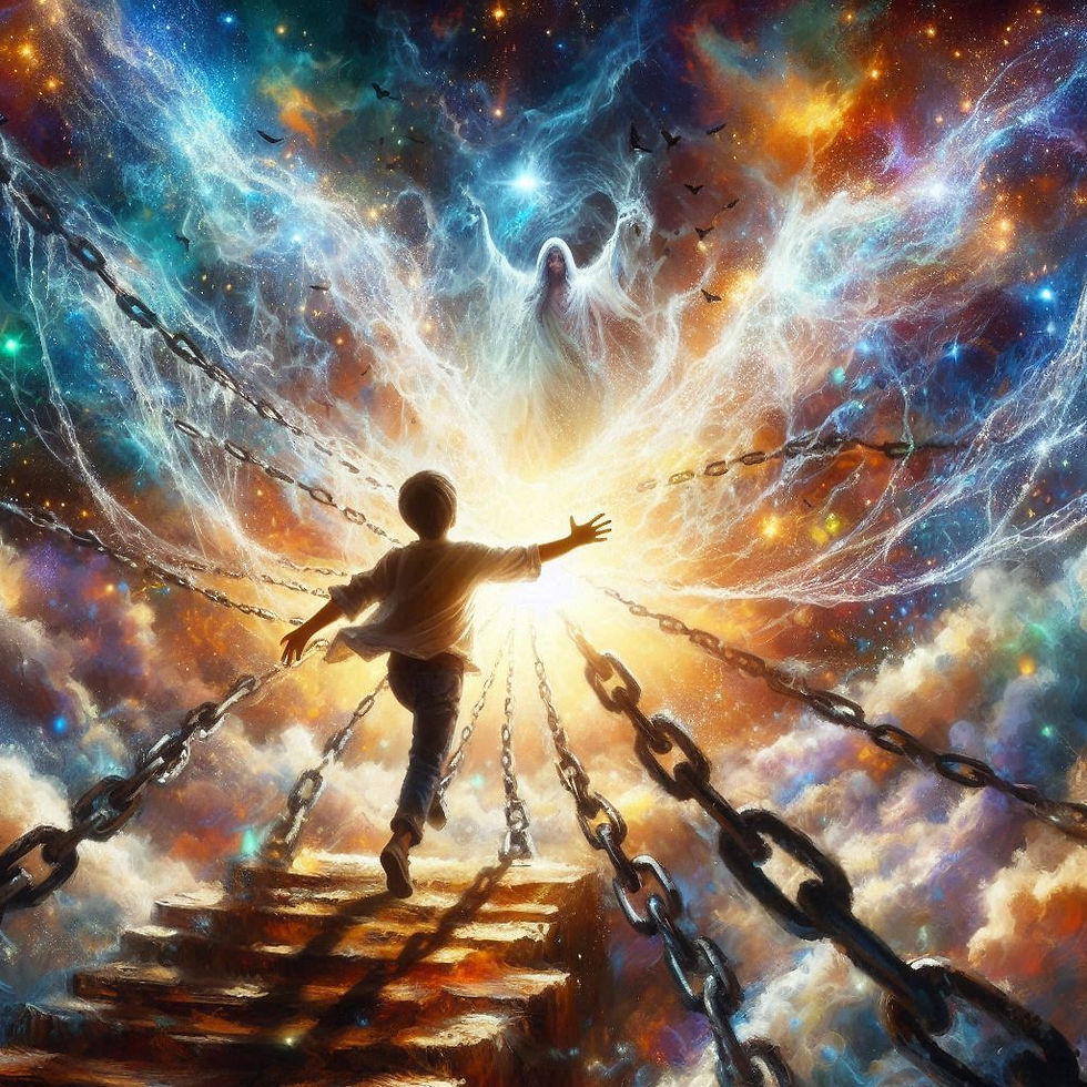 Schwere Ketten lösen sich in goldene Lichtströme auf, ein fröhliches Kind tritt hervor und wird von unendlichen himmlischen Armen umfangen, umgeben von einem schimmernden, farbigen Himmel.