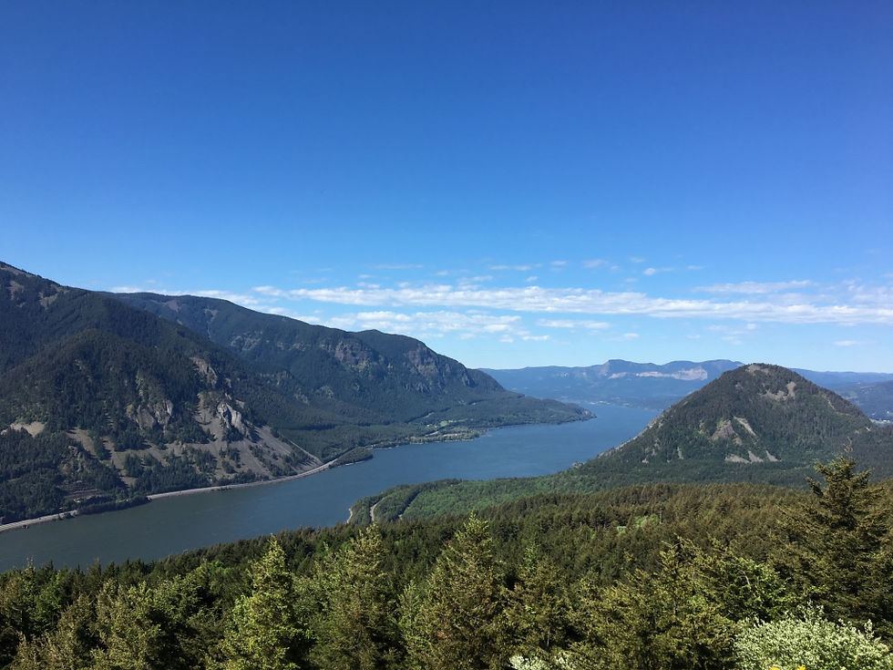 Mountainous landscape in the US Pacific Northwest with a river running through the middle. a