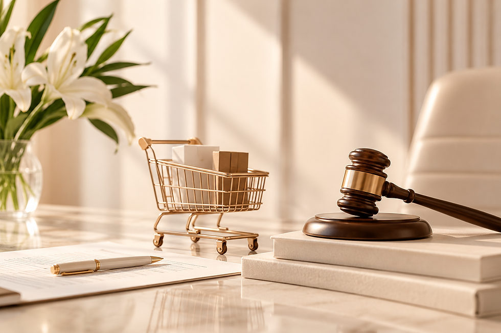 Direito do Consumidor: martelo jurídico e carrinho de compras em ambiente elegante.