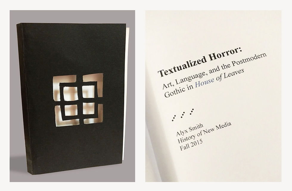 A small book with a window-cutout on the cover and the title page, "Textualized Horror: Art, Language, and the Postmodern Gothic in House of Leaves" by Alyx Smith
